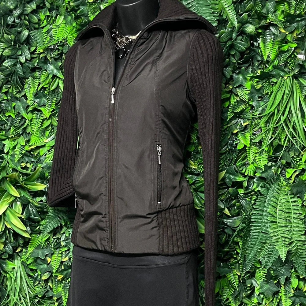 Tahari‎ Jacket Womens XS Dark Brown Wool Ribbed Knit Mixed Media Zip 3598
